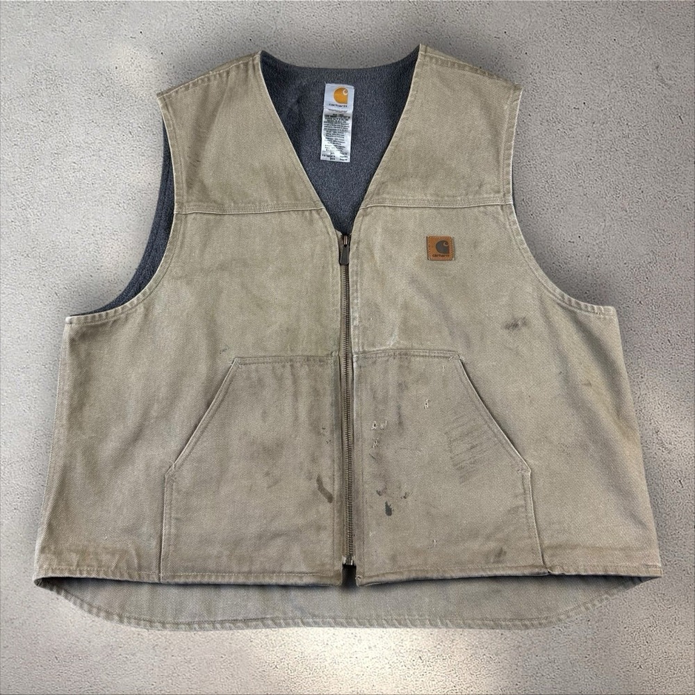Vtg Carhartt V19 Tan Vest Canvas Sherpa Fleece Lined Workwear Distressed Sz 2XL